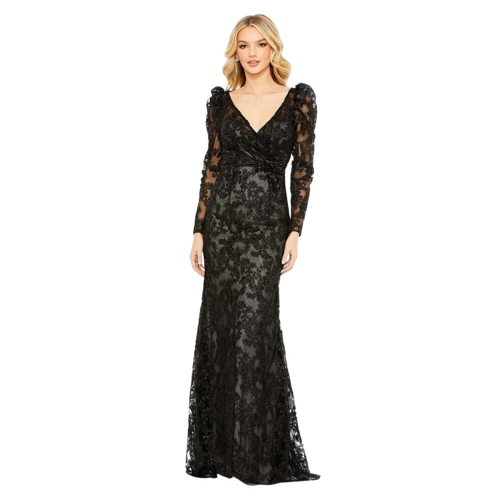 Mac Duggal NWT Embroidered Lace Illusion Sleeve Evening Dress in Black Size 4